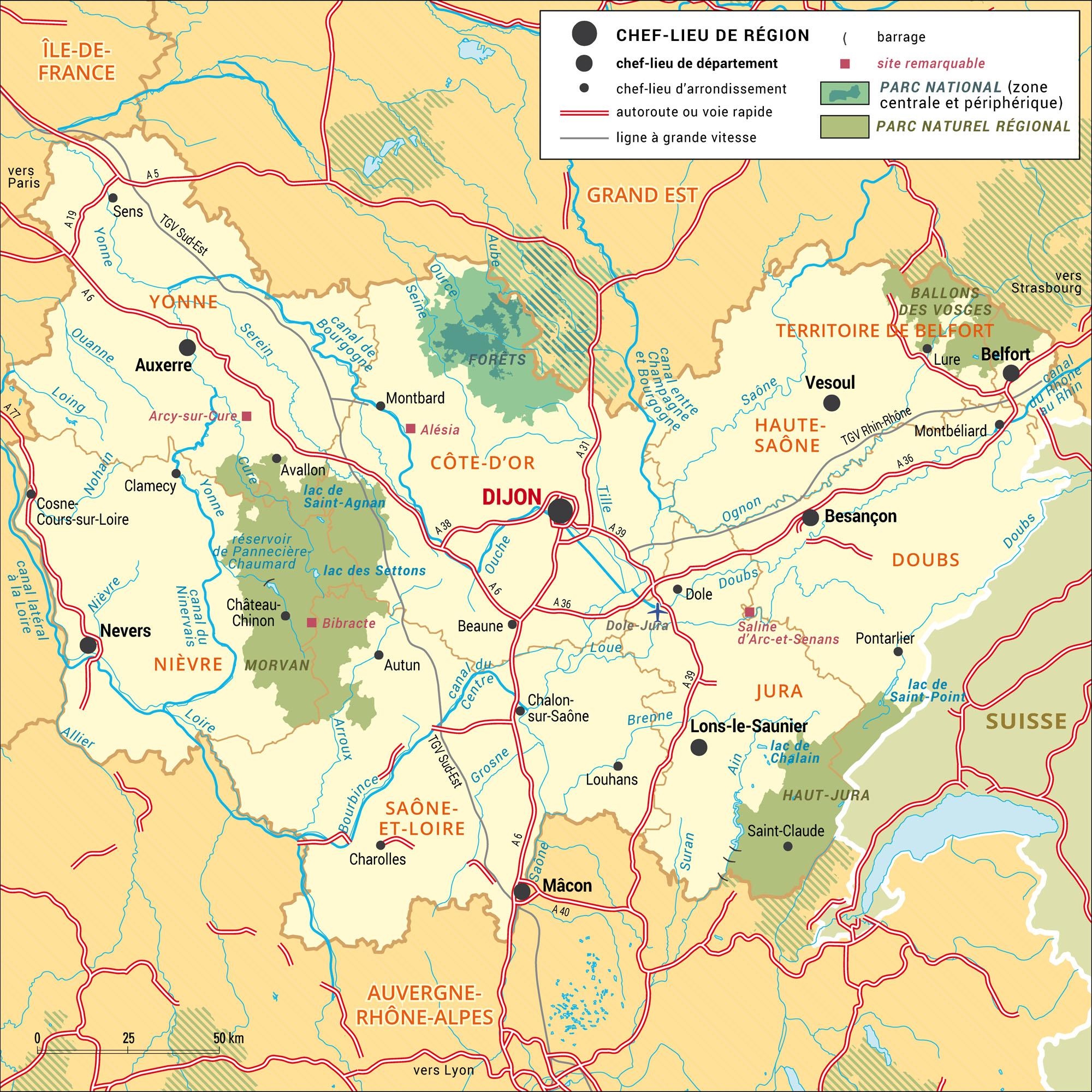 Bourgogne-Franche-Comté : carte administrative - crédits : Encyclopædia Universalis France