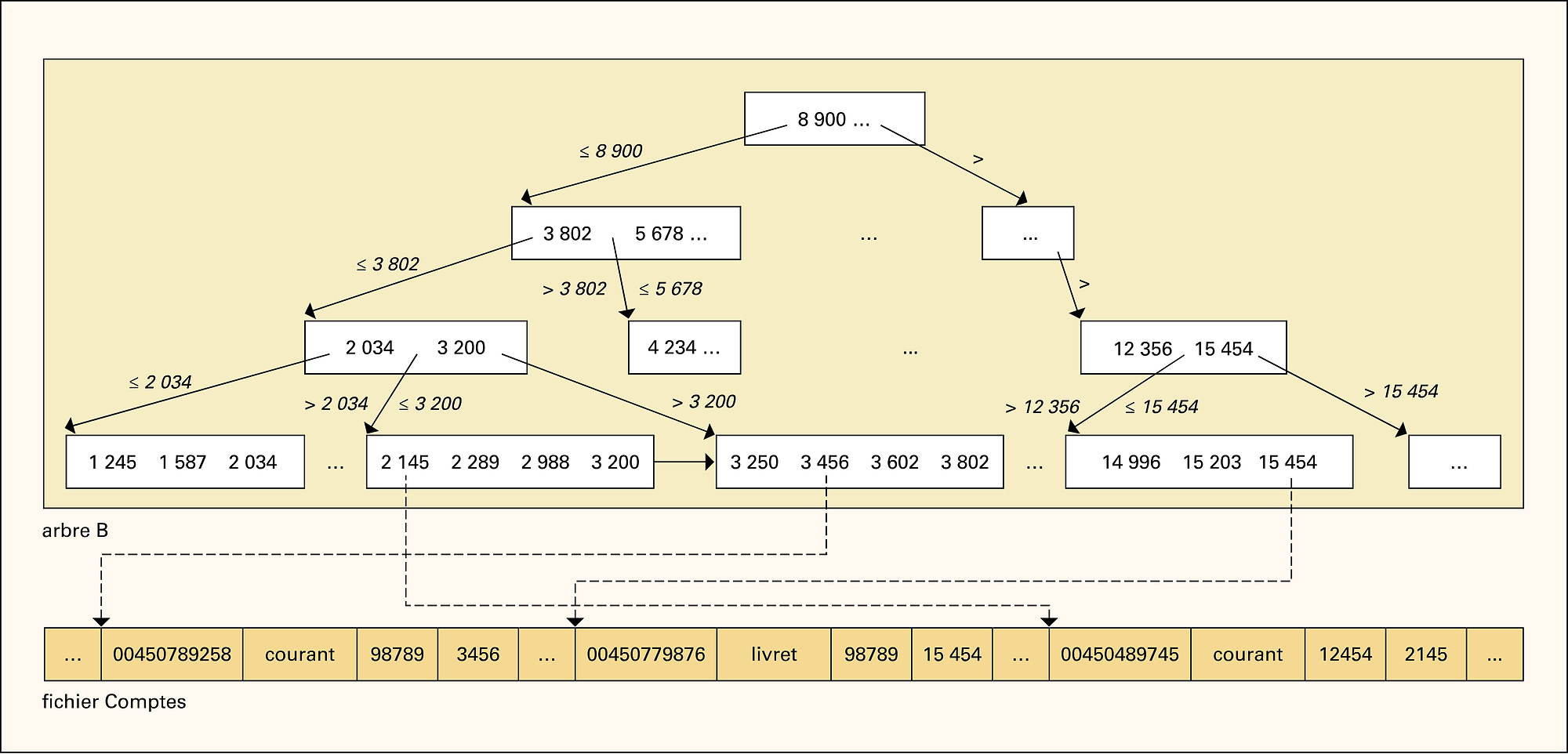 S.G.B.D. relationnel : fichier Comptes et arbre B - crédits : Encyclopædia Universalis France