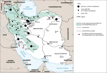 Iran : villes et réseau ferré - crédits : Encyclopædia Universalis France
