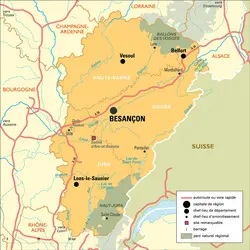 Franche-Comté : carte administrative avant réforme - crédits : Encyclopædia Universalis France