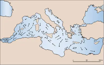 Méditerranée : courants de moyenne profondeur - crédits : Encyclopædia Universalis France