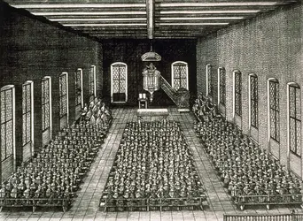 Le service dans l’église réformée de Stein, près de Nuremberg (Allemagne), gravure, XVII<sup>e</sup> siècle - crédits : PHAS/ Universal Images Group/ Getty Images