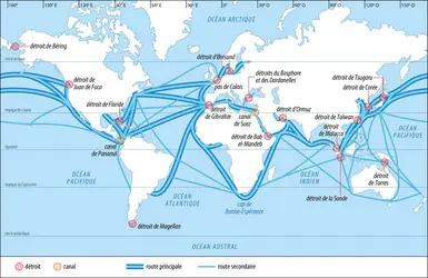 Principaux points de passage maritimes mondiaux - crédits : Encyclopædia Universalis France