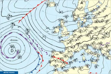 Champ de pression observé en surface (niveau moyen des océans) - crédits : Météo-France, février 2018