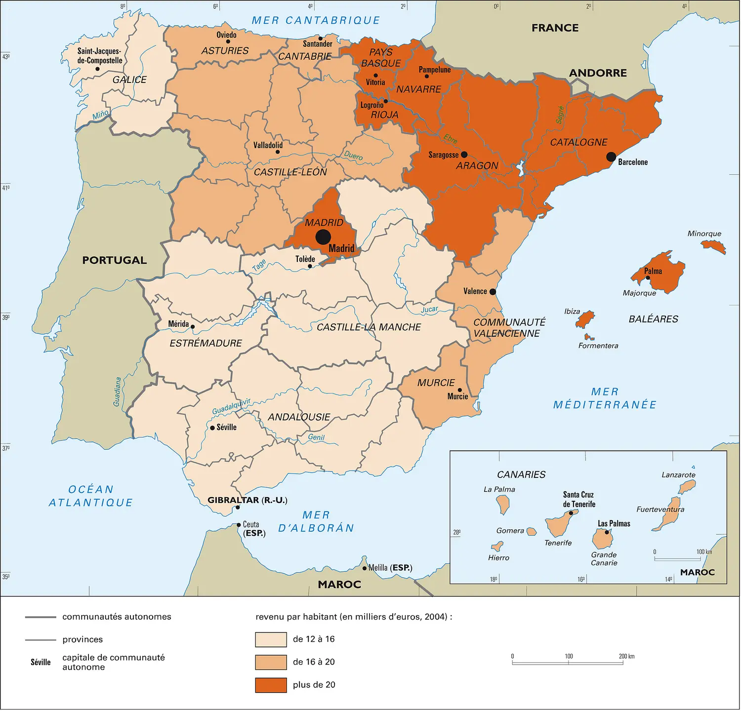 Espagne : régions et revenu par habitant