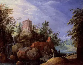 <it>Paysage fantastique avec cascade et pont</it>, P. Bril - crédits :  Bridgeman Images 