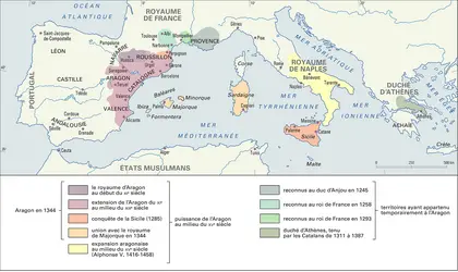 Méditerranée, expansion aragonaise au Moyen Âge - crédits : Encyclopædia Universalis France