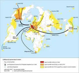 Naissance et diffusion spatiale du tourisme - crédits : Encyclopædia Universalis France (fond de carte : Daniel Dalet)