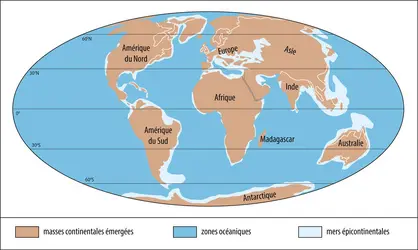 Paléogéographie : vers la configuration géographique actuelle - crédits : Encyclopædia Universalis France