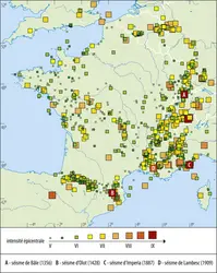 Sismicité historique en France et à ses frontières - crédits : Encyclopædia Universalis France