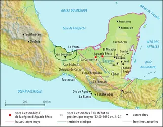 Localisation des sites mayas à ensembles E du préclassique (1000-300 av. J.C.) - crédits : Encyclopædia Universalis France