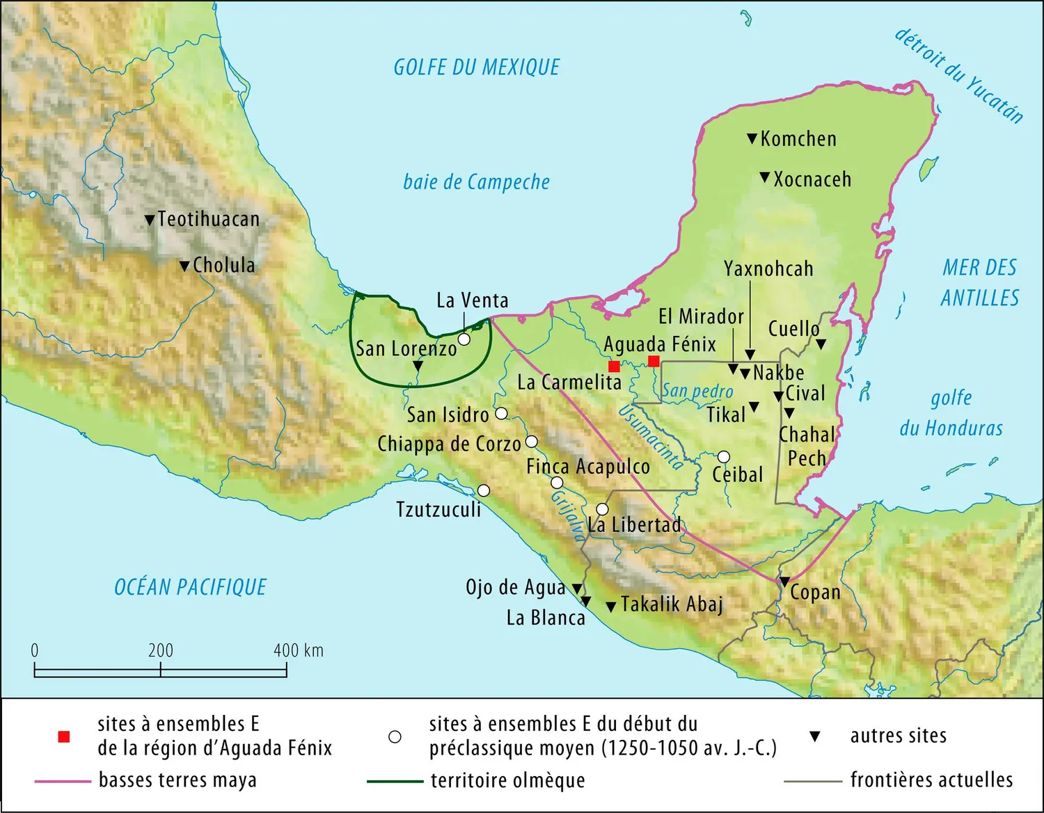 Localisation des sites mayas à ensembles E du préclassique (1000-300 av. J.C.)