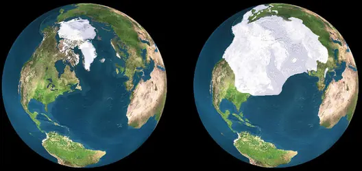 Comparaison entre l'extension des glaces aujourd'hui et à l'époque de la dernière glaciation - crédits : Living Earth