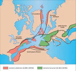 Amérique du Nord-Europe au Paléozoïque - crédits : Encyclopædia Universalis France