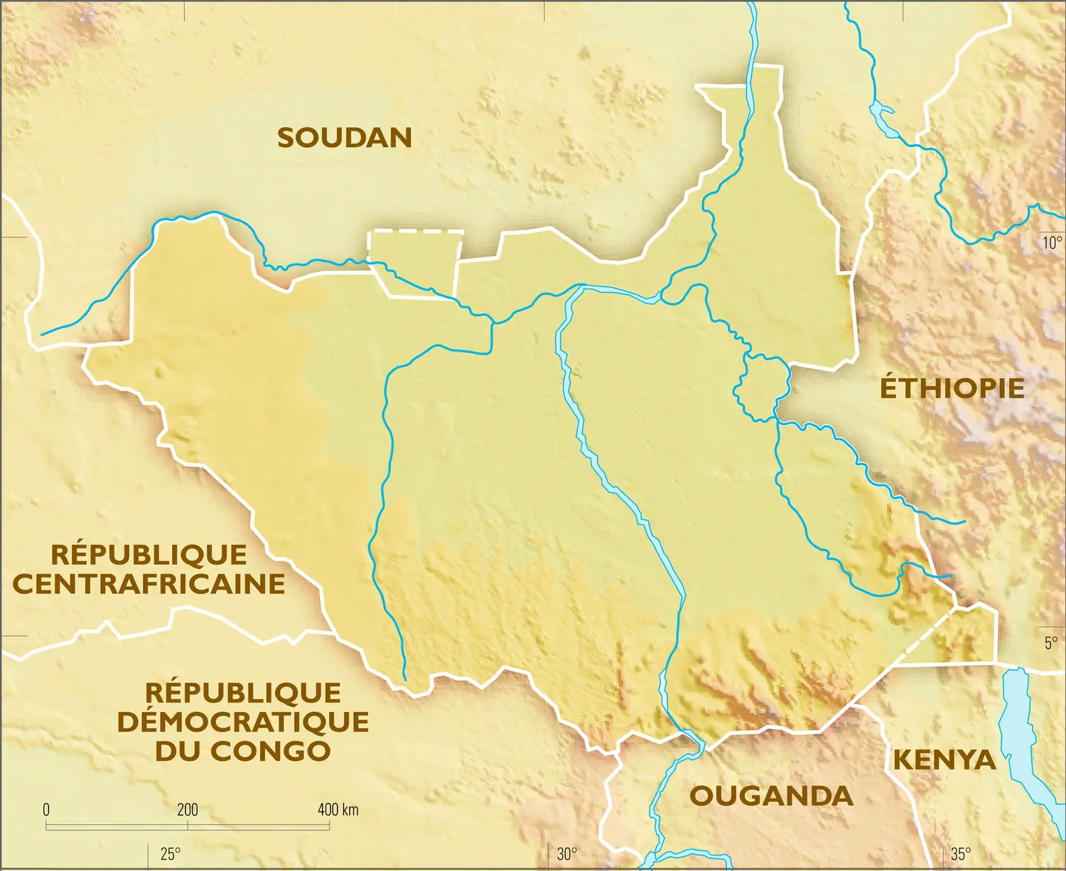 Soudan du Sud : carte physique vierge