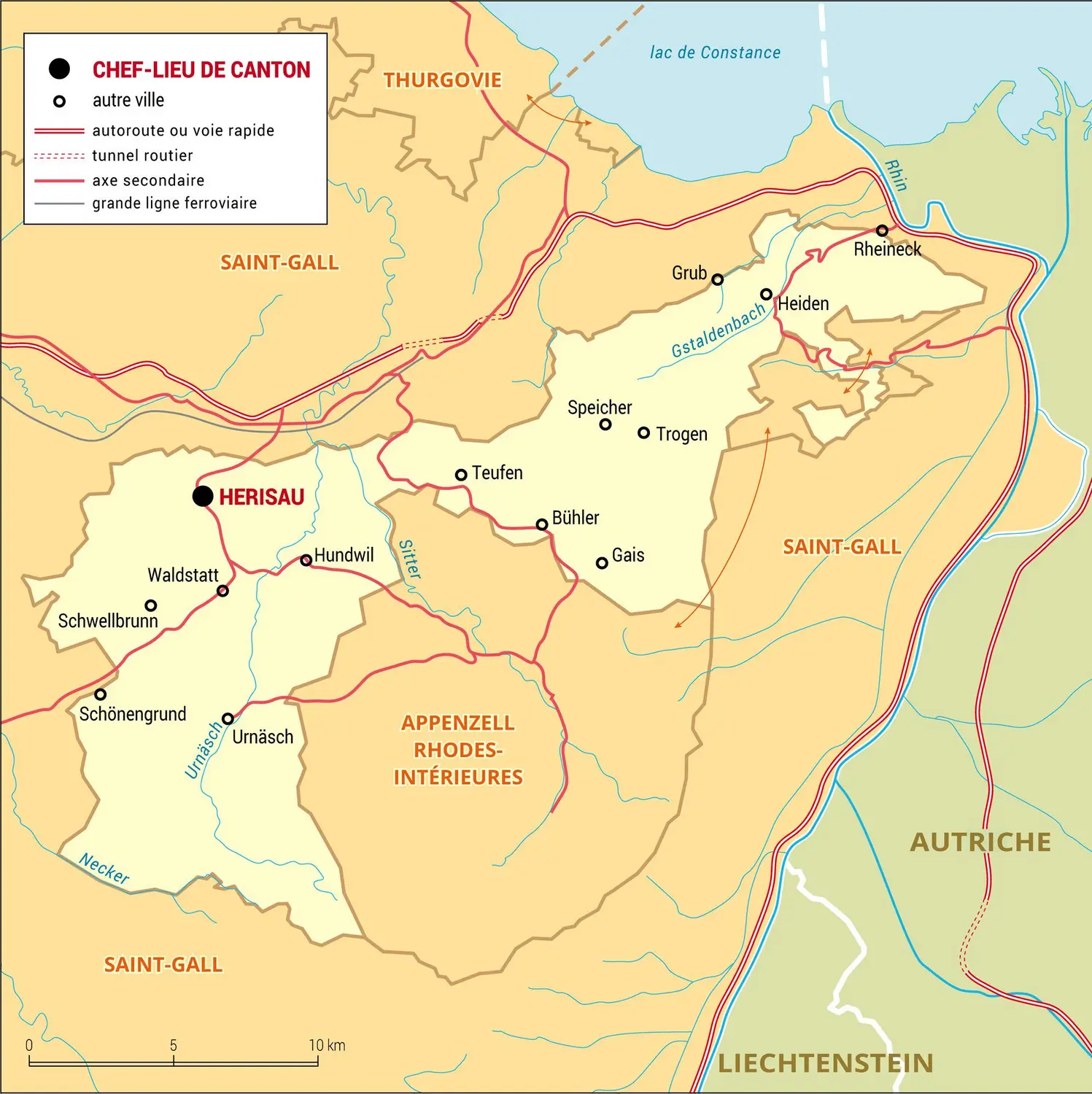 Appenzell Rhodes-Extérieures : carte administrative du canton