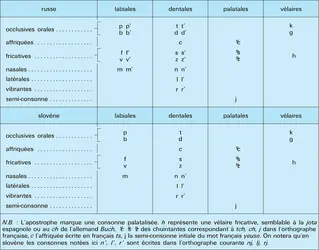 Systèmes consonantiques du russe et du slovène - crédits : Encyclopædia Universalis France