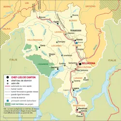 Tessin : carte administrative du canton - crédits : Encyclopædia Universalis France