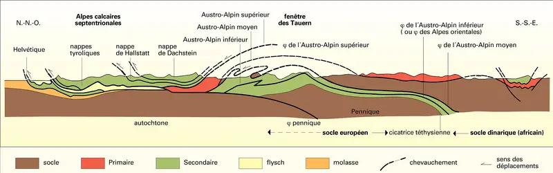 Profil tectonique des Alpes orientales - crédits : Encyclopædia Universalis France