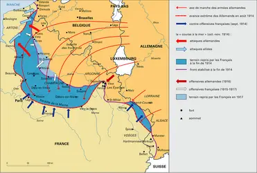 Première Guerre mondiale, front français de 1914 à 1917 - crédits : Encyclopædia Universalis France