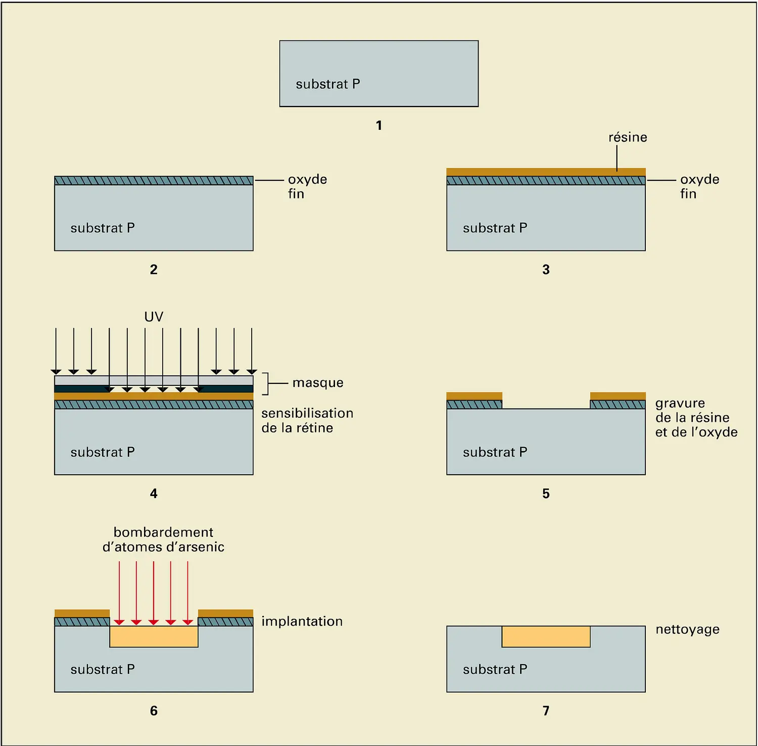 Circuits intégrés : étapes de dopage du substrat P, réalisation d'un caisson N