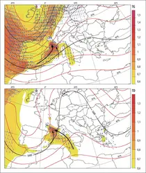 Les deux principales situations météorologiques génératrices d’épisodes cévenols  - crédits : Encyclopædia Universalis France