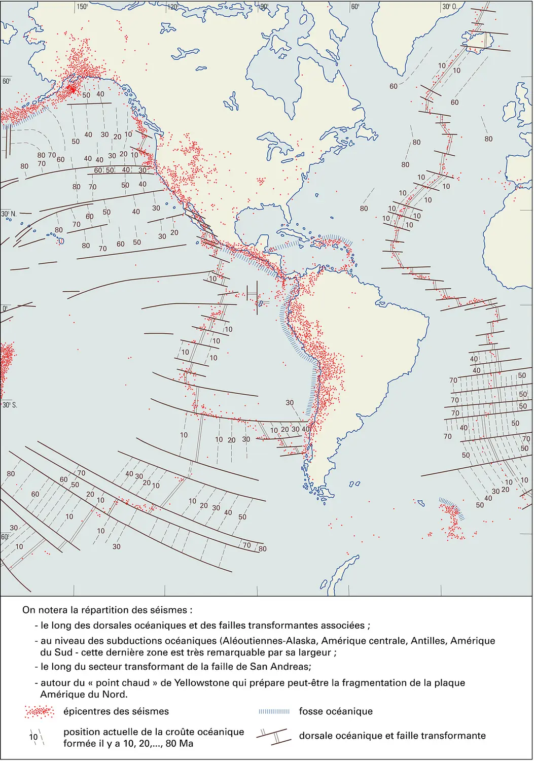 Amérique : épicentres sismiques et âge de la croûte océanique