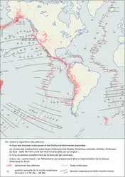 Amérique : épicentres sismiques et âge de la croûte océanique - crédits : Encyclopædia Universalis France