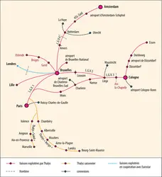 Thalys : les différentes dessertes - crédits : Encyclopædia Universalis France