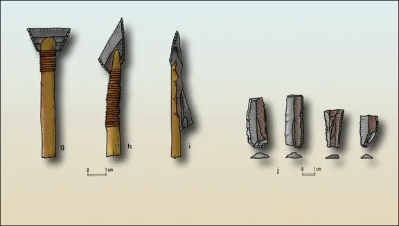 Outillage mésolithique et néolithique : utilisation de microlithes pour des flèches et des couteaux à moissonner