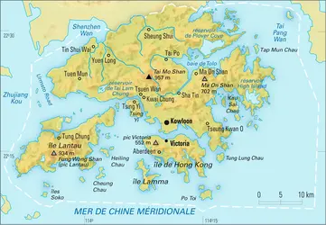 Hong Kong [Chine] : carte physique - crédits : Encyclopædia Universalis France