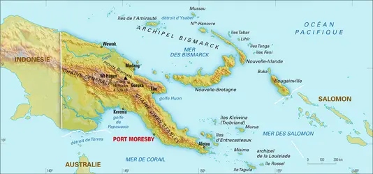 Papouasie-Nouvelle-Guinée : carte physique - crédits : Encyclopædia Universalis France