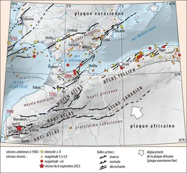 Carte des principales failles actives et de la sismicité dans la région ouest de la Méditerranée - crédits : Encyclopædia Universalis France