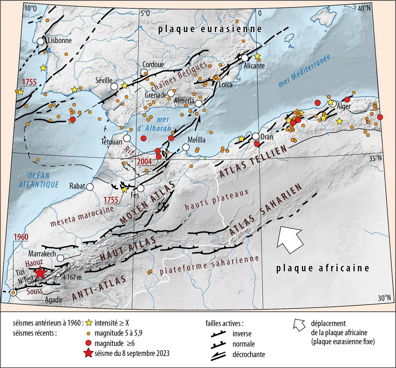 Carte des principales failles actives et de la sismicité dans la région ouest de la Méditerranée