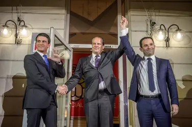 Manuel Valls, Jean-Christophe Cambadélis et Benoît Hamon, 2017 - crédits :  Christophe Petit Tesson/ EPA