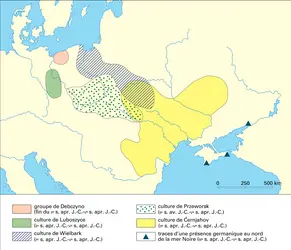 Territoire des Germains orientaux aux époques romaine et des Grandes Migrations - crédits : Encyclopædia Universalis France
