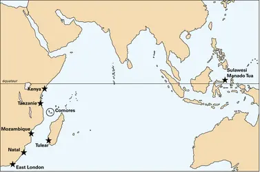 Cœlacanthe : répartition - crédits : Encyclopædia Universalis France