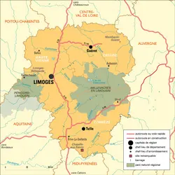 Limousin : carte administrative&nbsp;avant réforme - crédits : Encyclopædia Universalis France