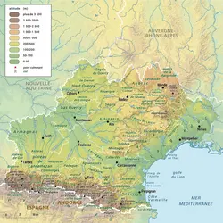 Occitanie : carte physique - crédits : Encyclopædia Universalis France