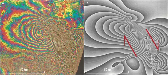 Déformation du sol vue par satellite grâce à l’interférométrie radar et modélisation - crédits : Encyclopædia Universalis France