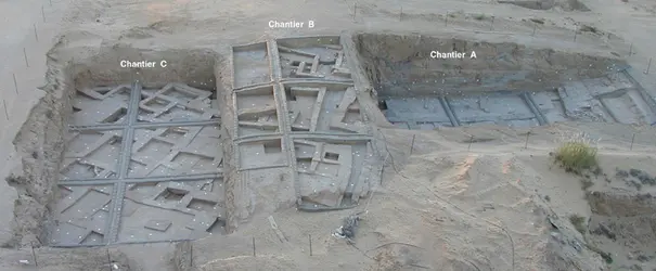 Tell es-Sakan : vue générale des chantiers vers le sud-est - crédits : Mission archéologique franco-palestinienne de Tell es-Sakan