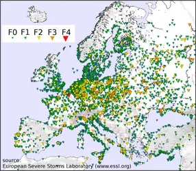 Tornades observées en Europe pendant la période 2000-2012 - crédits : The European Severe Storms Laboratory, ESSL