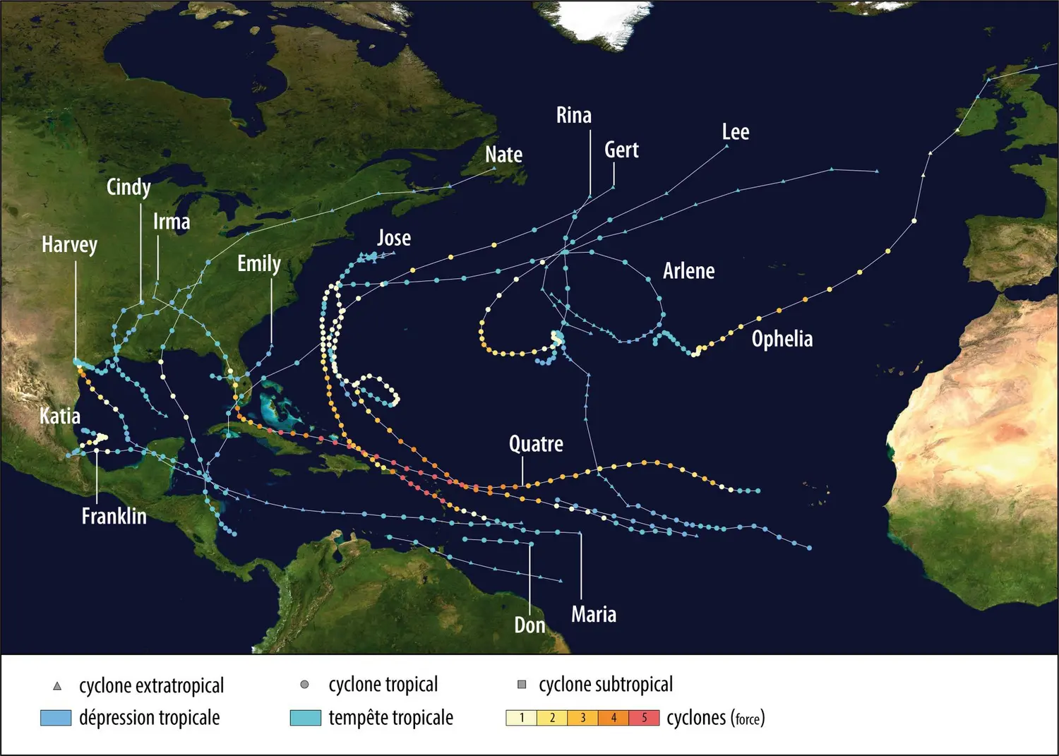 Trajet des cyclones de la saison cyclonique 2017 (23 novembre 2017)