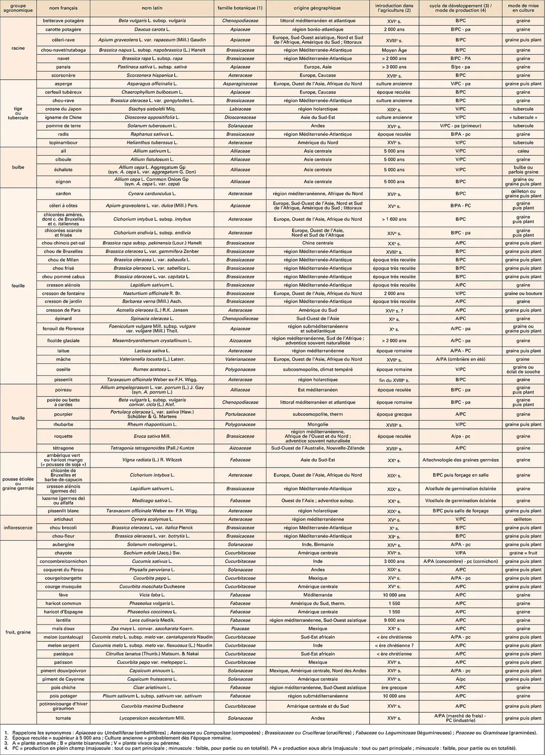 Légumes : espèces cultivées en France et en Europe