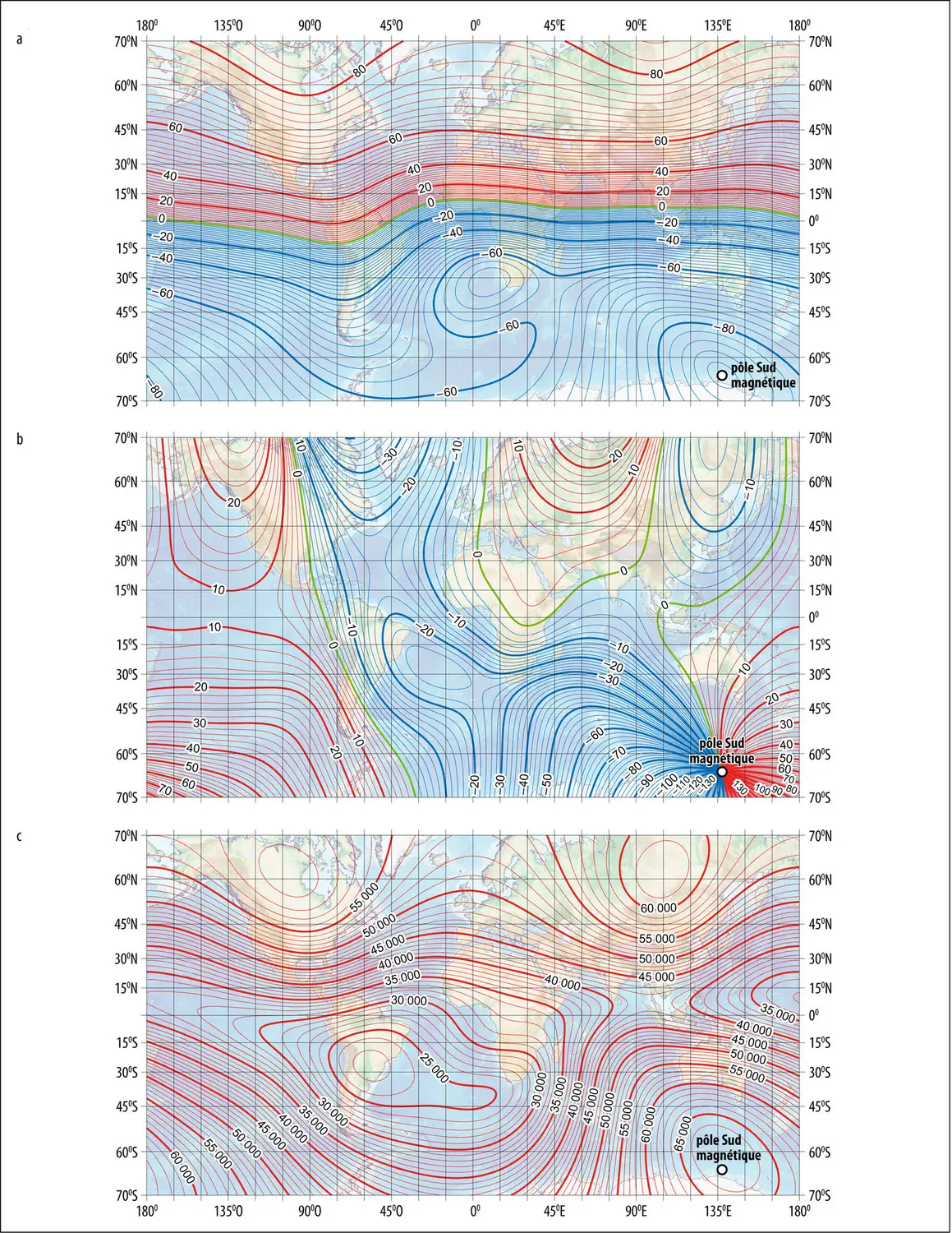 Cartes de l’inclination, de la déclinaison et de l’intensité du champ magnétique