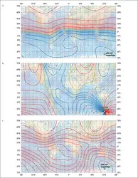 Cartes de l’inclination, de la déclinaison et de l’intensité du champ magnétique - crédits : Encyclopædia Universalis France