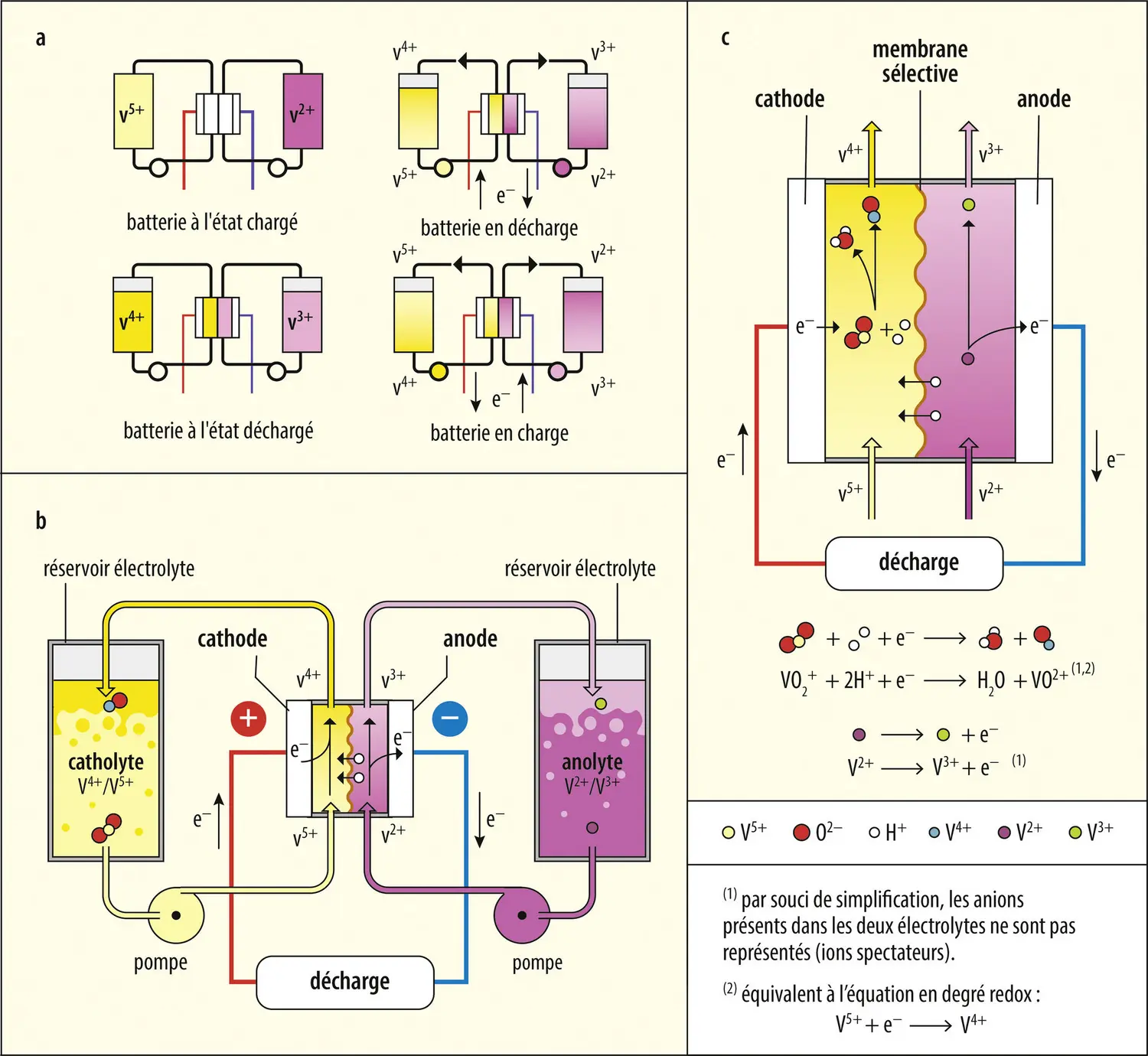 Représentations schématiques de la batterie à circulation (<em>redox flow</em>)