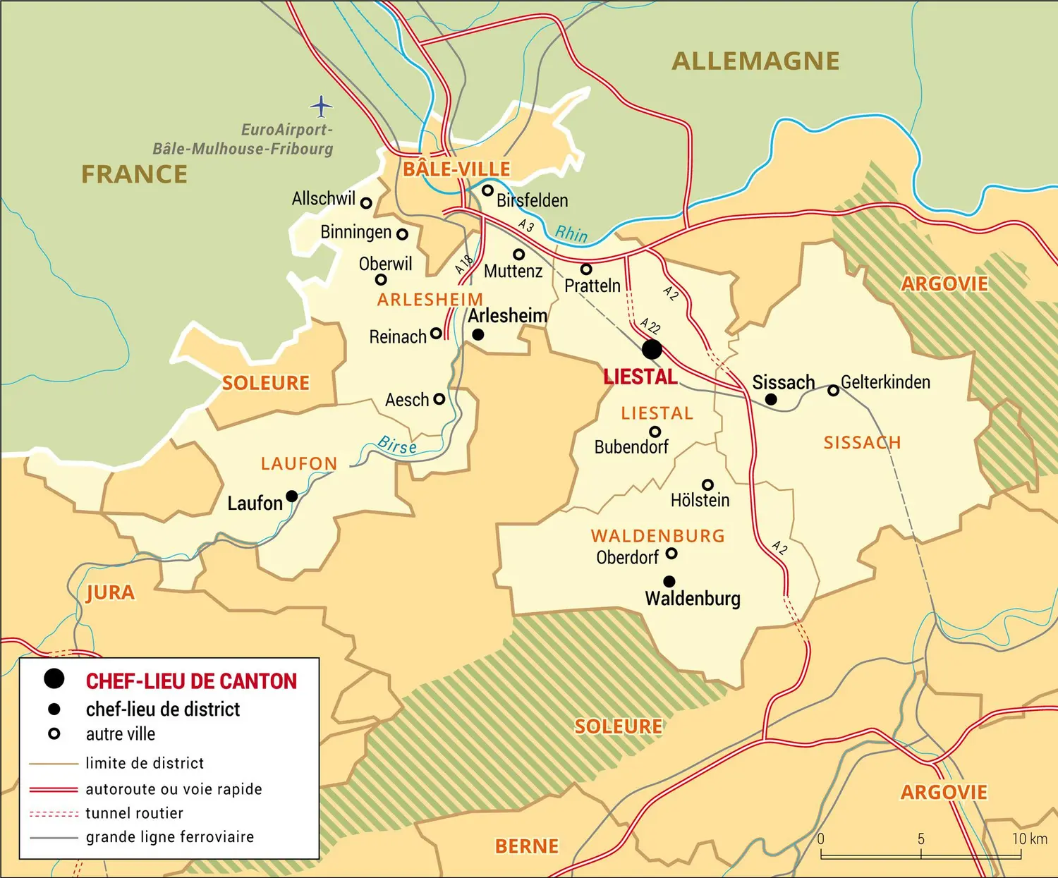 Bâle-Campagne : carte administrative du canton