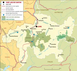 Grisons : carte administrative du canton - crédits : Encyclopædia Universalis France