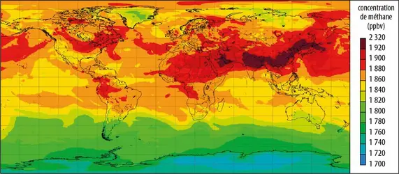 Distribution spatiale des concentrations de méthane - crédits : Copernicus Atmosphere Monitoring Service/ ECMWF